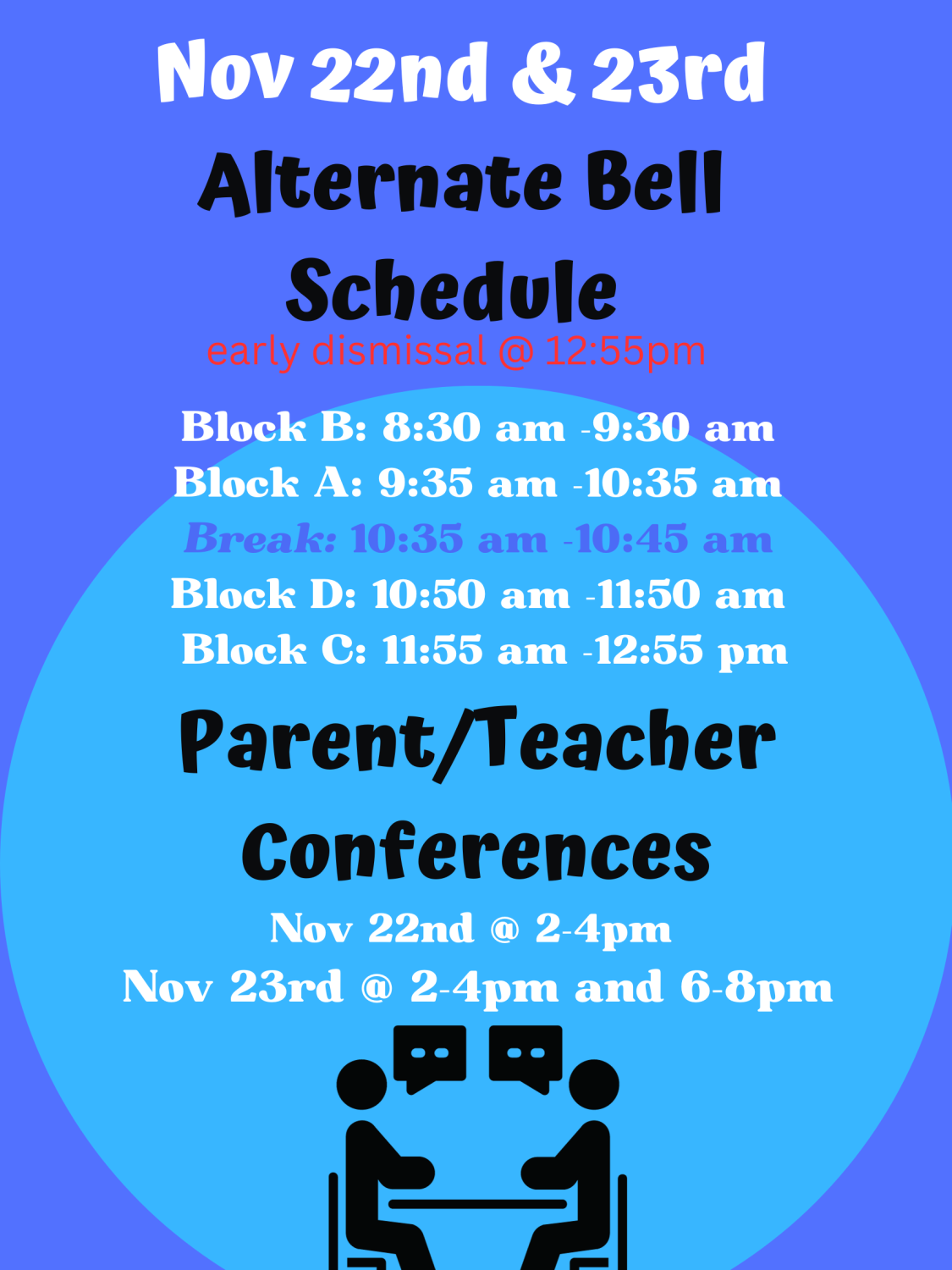 Booking ends Nov 21st 6pm Parent Teacher Conferences on Nov 22nd